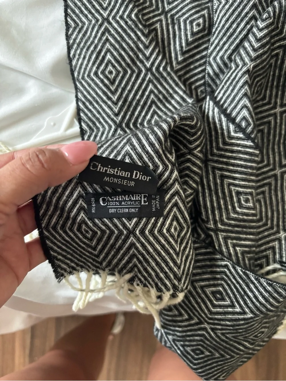 Dior Monsieur Black & White Geometric Fringe Cashmere Scarf
